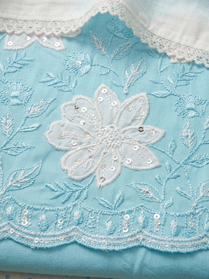 Sky Blue Embroidered Cotton Blend Unstitched Suit &amp; Pant With Cotton Dupatta