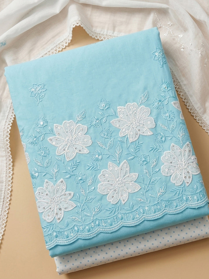 Sky Blue Embroidered Cotton Blend Unstitched Suit &amp; Pant With Cotton Dupatta