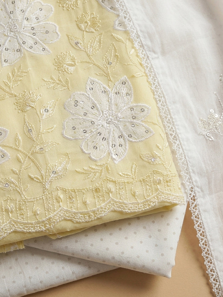 Yellow Embroidered Cotton Blend Unstitched Suit &amp; Pant With Cotton Dupatta
