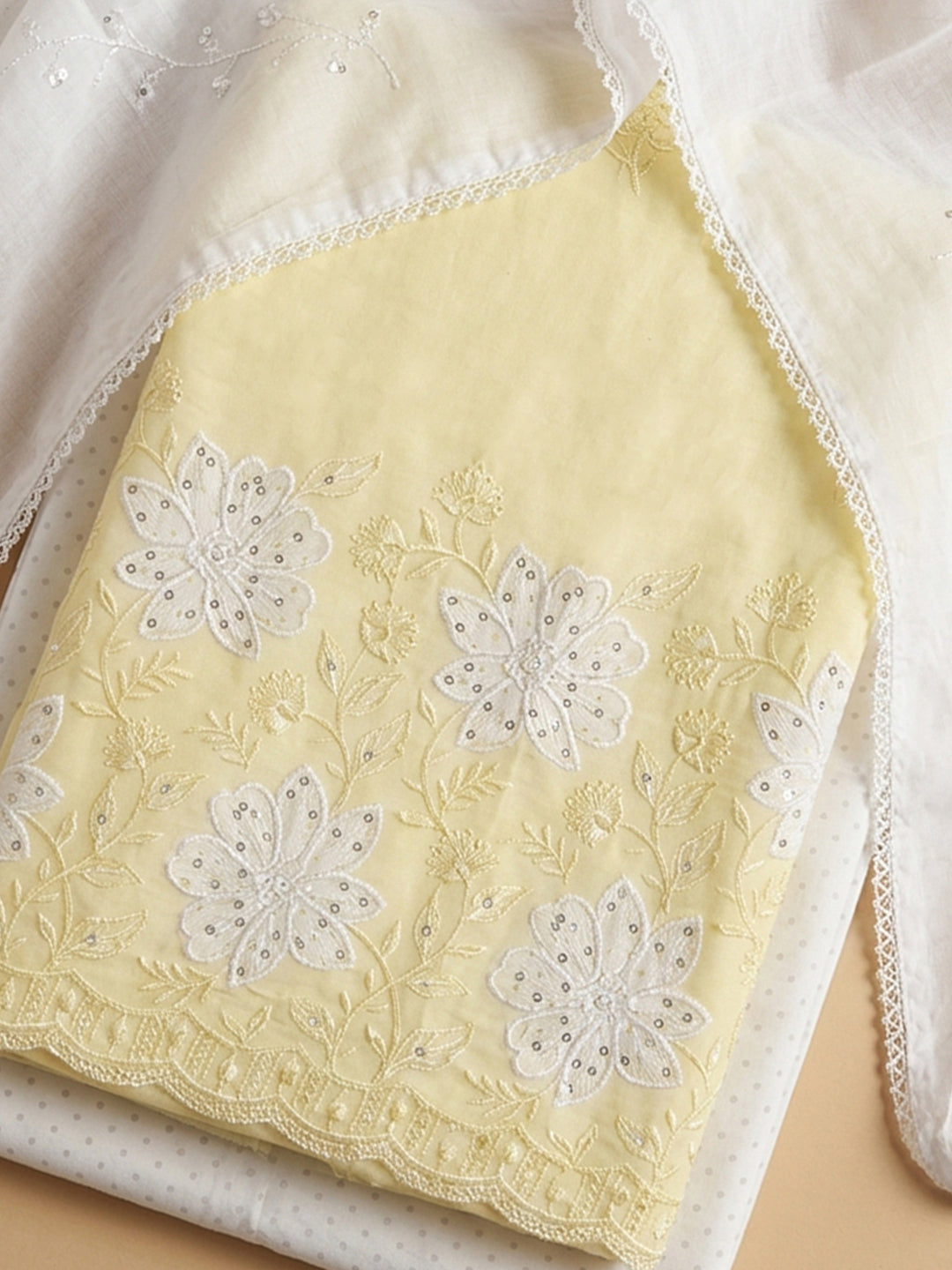 Yellow Embroidered Cotton Blend Unstitched Suit &amp; Pant With Cotton Dupatta