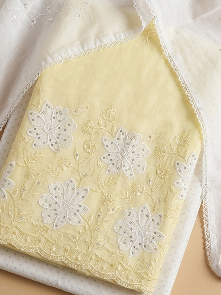 Yellow Embroidered Cotton Blend Unstitched Suit &amp; Pant With Cotton Dupatta