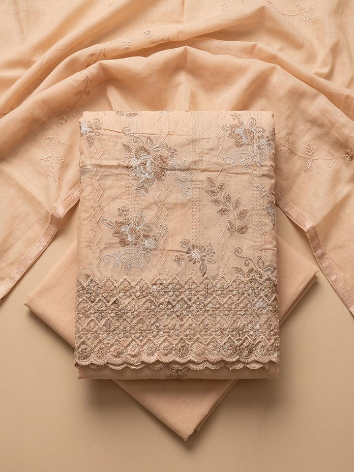 Beige Embroidered Cotton Blend Unstitched Suit &amp; Pant With Cotton Dupatta