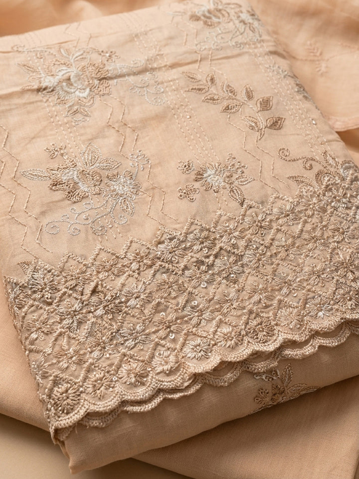 Beige Embroidered Cotton Blend Unstitched Suit &amp; Pant With Cotton Dupatta