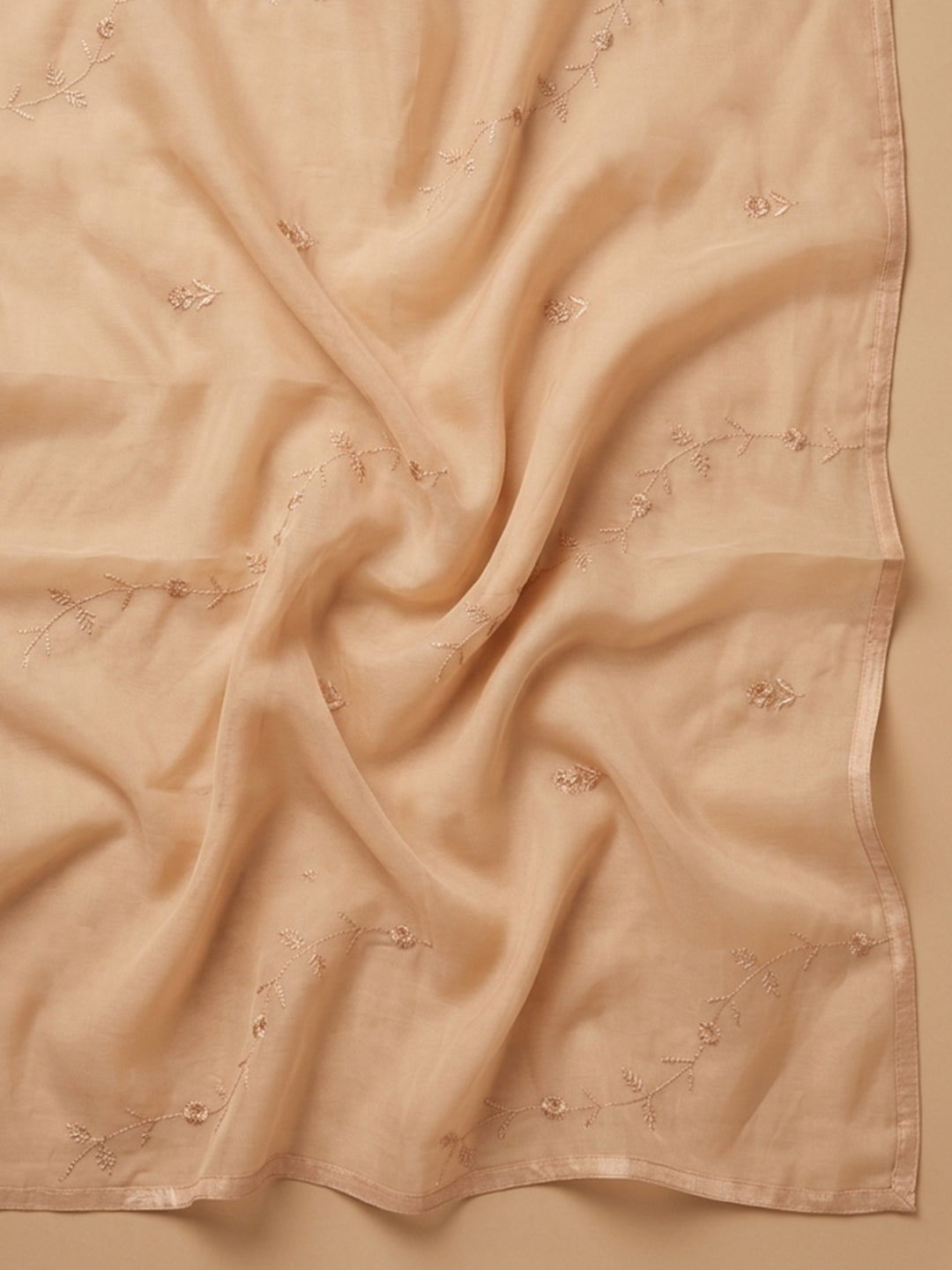 Beige Embroidered Cotton Blend Unstitched Suit &amp; Pant With Cotton Dupatta