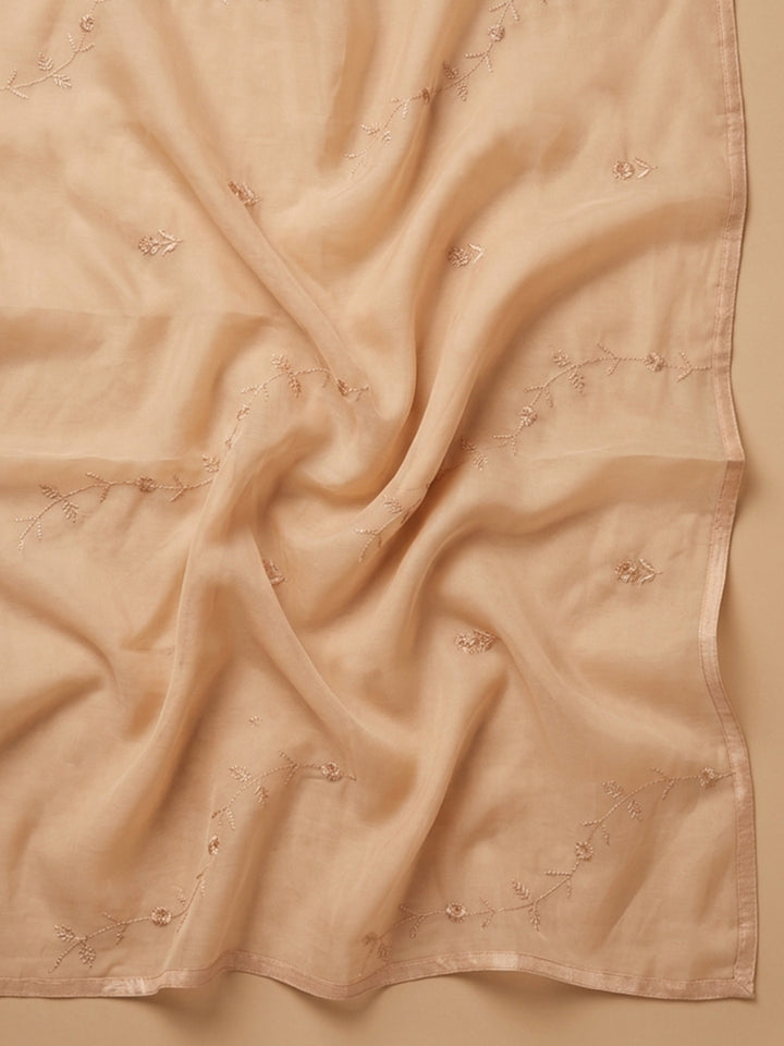Beige Embroidered Cotton Blend Unstitched Suit &amp; Pant With Cotton Dupatta