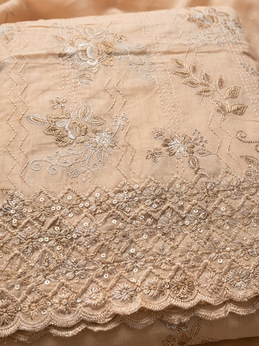 Beige Embroidered Cotton Blend Unstitched Suit &amp; Pant With Cotton Dupatta