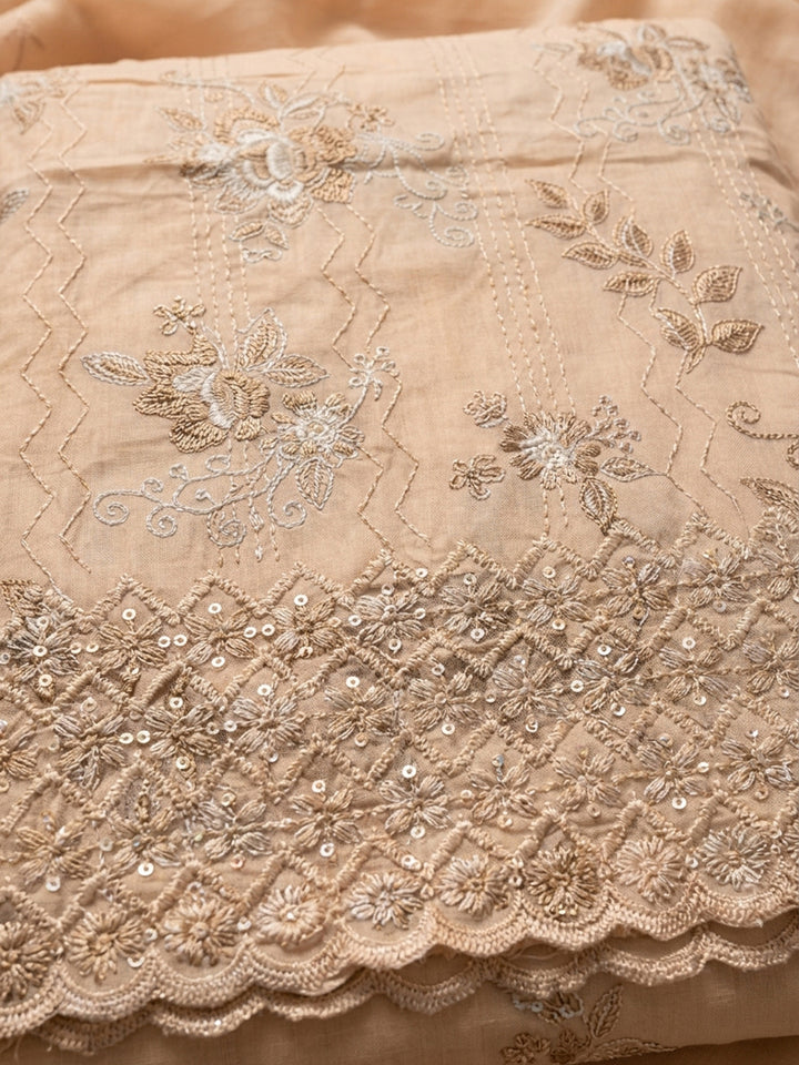 Beige Embroidered Cotton Blend Unstitched Suit &amp; Pant With Cotton Dupatta