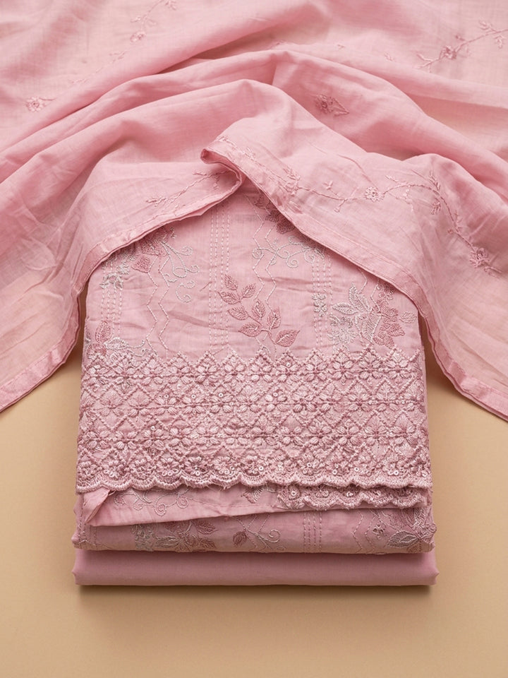 Peach Embroidered Cotton Blend Unstitched Suit &amp; Pant With Cotton Dupatta