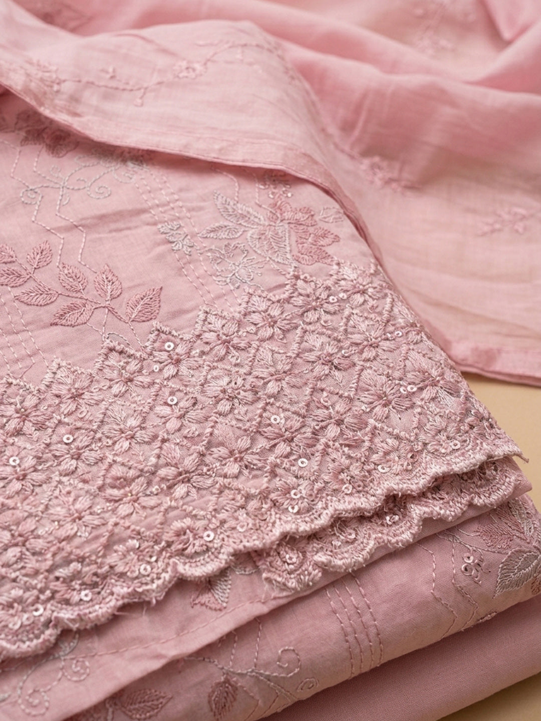 Peach Embroidered Cotton Blend Unstitched Suit &amp; Pant With Cotton Dupatta