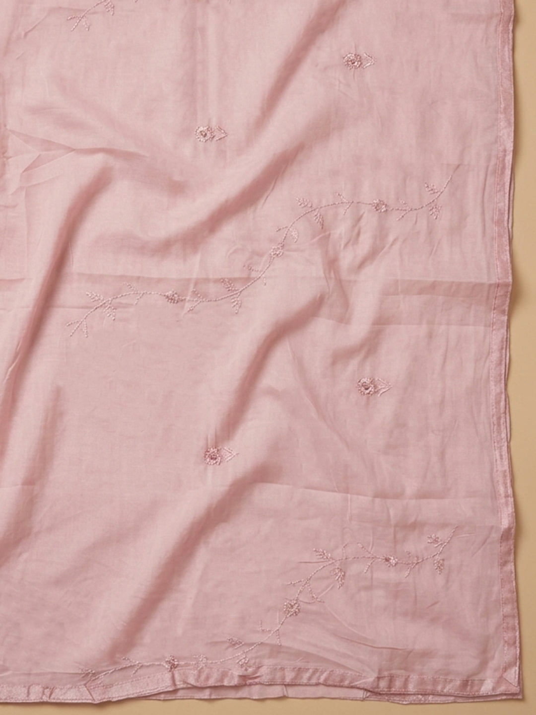 Peach Embroidered Cotton Blend Unstitched Suit &amp; Pant With Cotton Dupatta