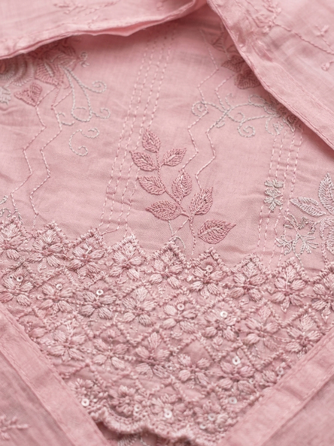 Peach Embroidered Cotton Blend Unstitched Suit &amp; Pant With Cotton Dupatta