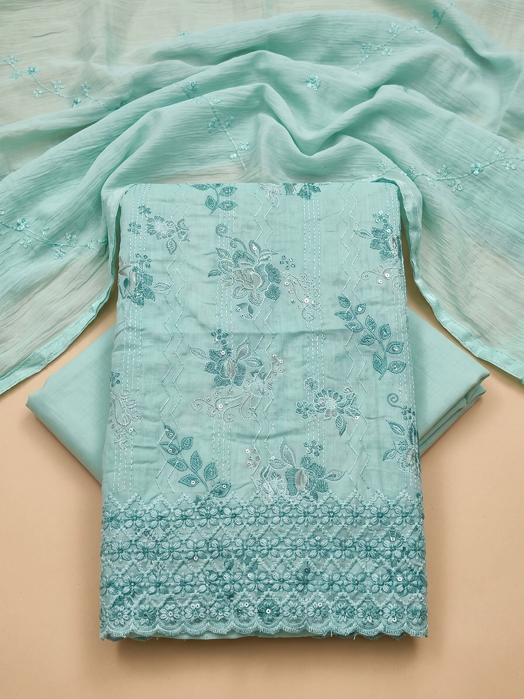 Sea Green Embroidered Cotton Blend Unstitched Suit &amp; Pant With Cotton Dupatta