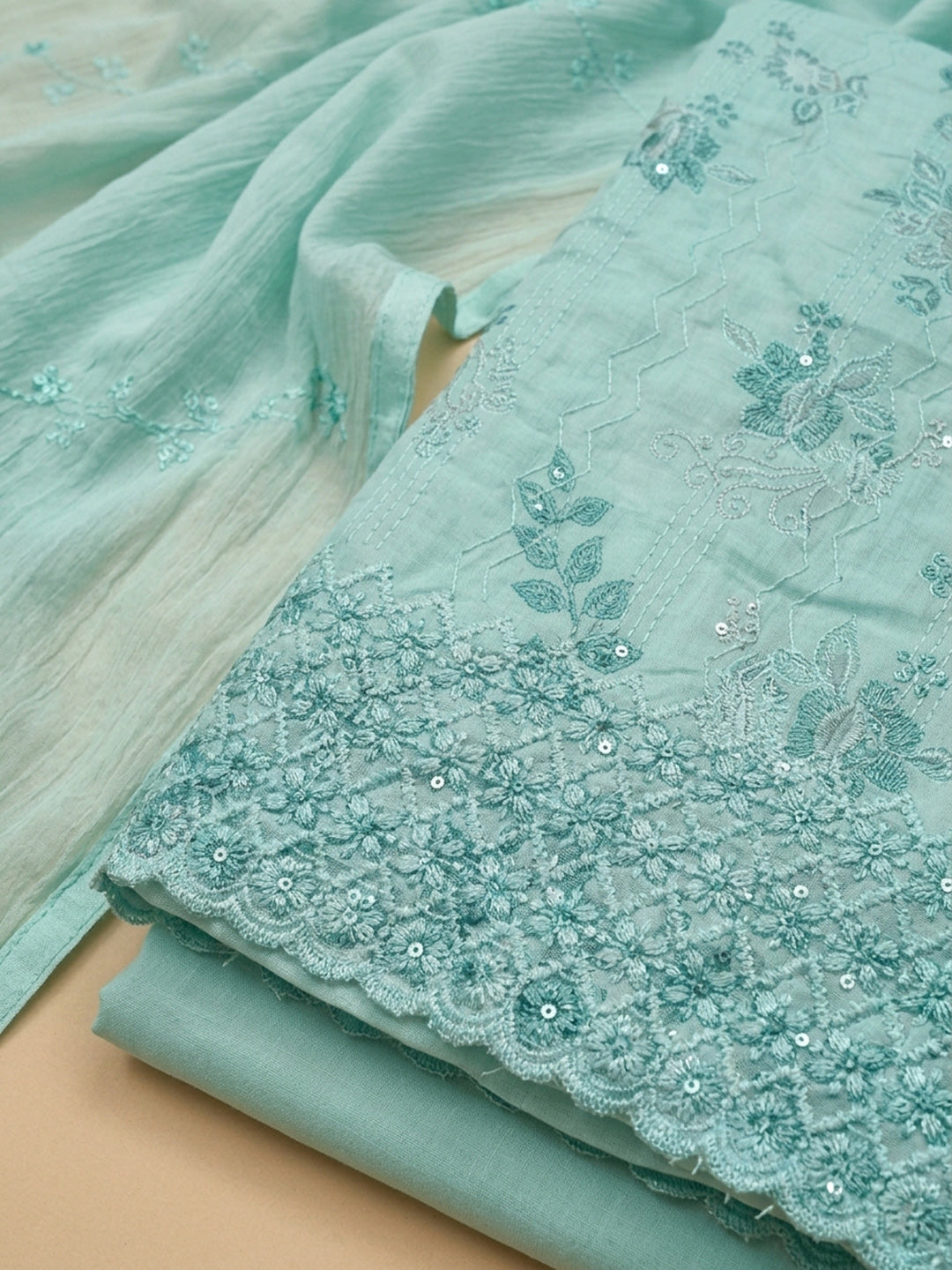 Sea Green Embroidered Cotton Blend Unstitched Suit &amp; Pant With Cotton Dupatta