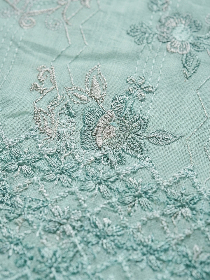Sea Green Embroidered Cotton Blend Unstitched Suit &amp; Pant With Cotton Dupatta