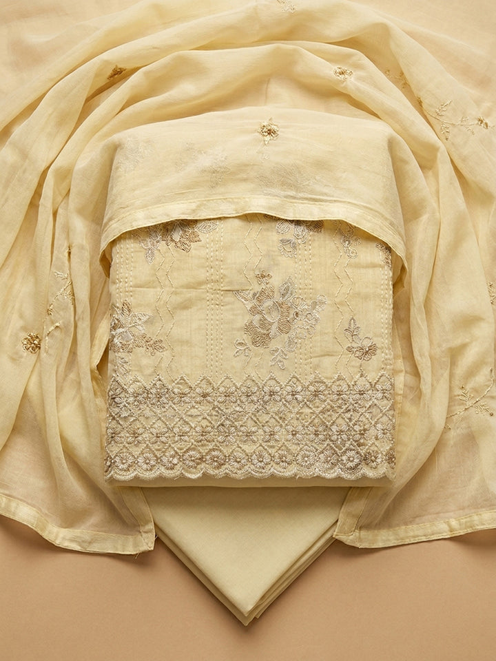 Yellow Embroidered Cotton Blend Unstitched Suit &amp; Pant With Cotton Dupatta