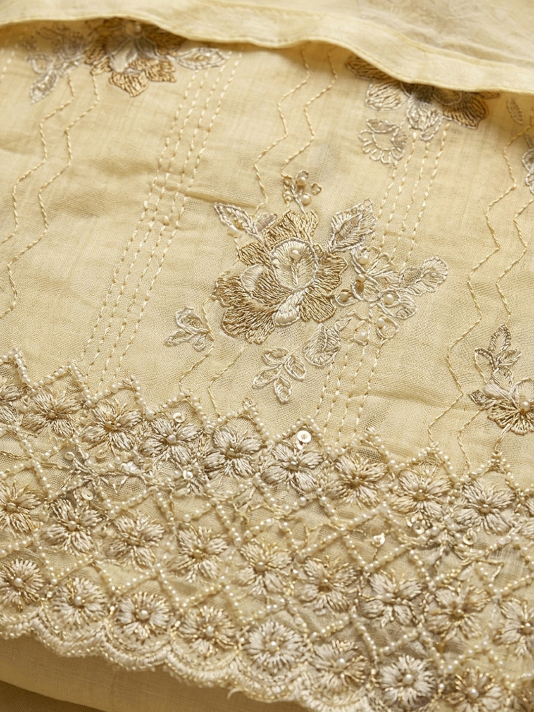 Yellow Embroidered Cotton Blend Unstitched Suit &amp; Pant With Cotton Dupatta