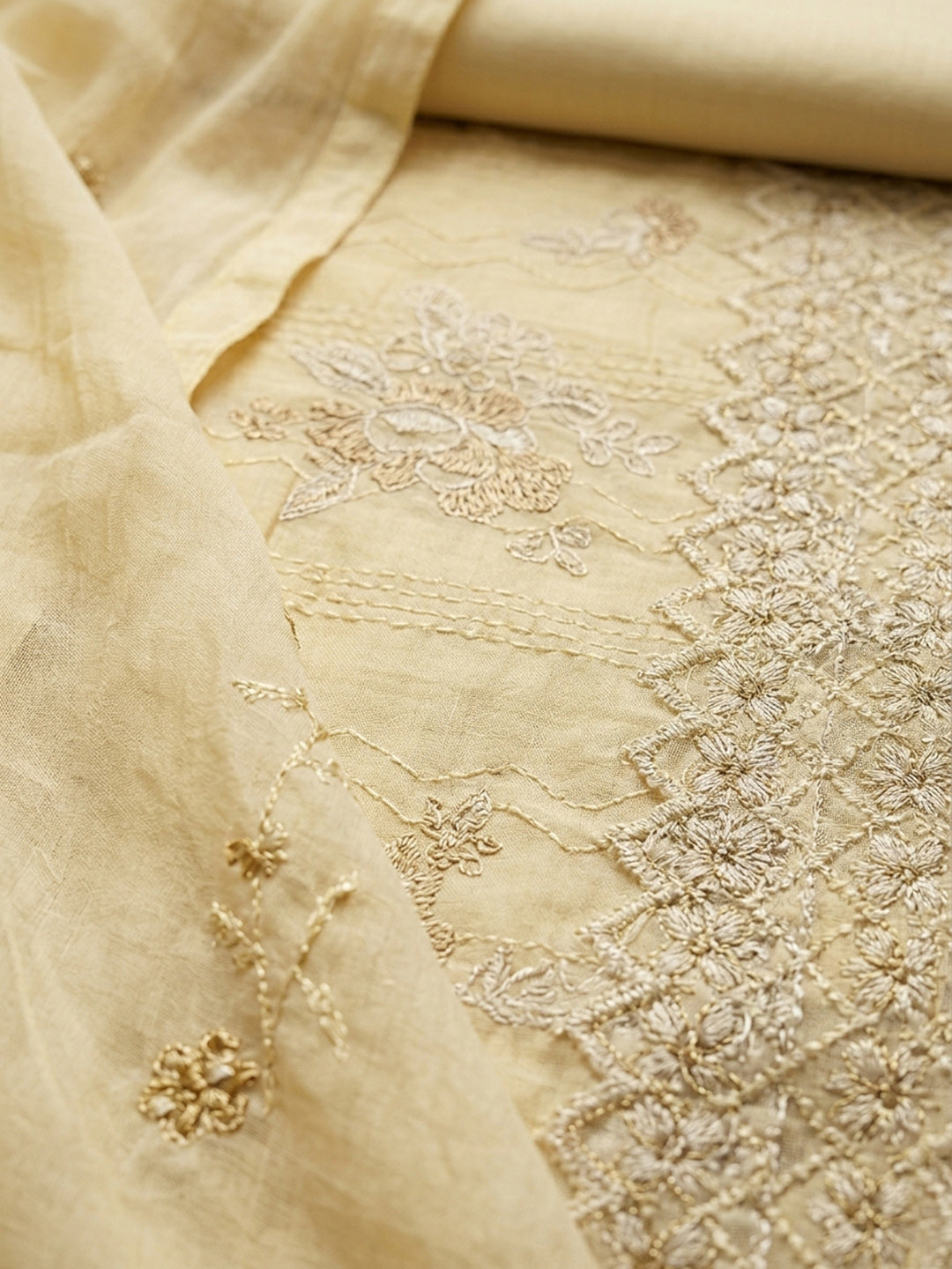 Yellow Embroidered Cotton Blend Unstitched Suit &amp; Pant With Cotton Dupatta