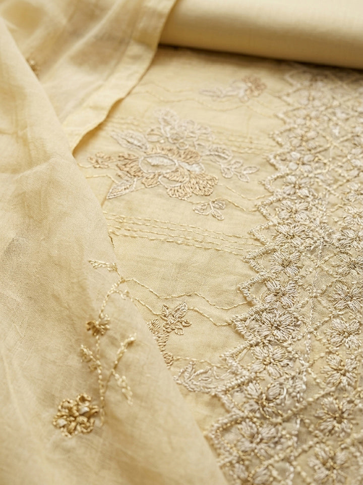Yellow Embroidered Cotton Blend Unstitched Suit &amp; Pant With Cotton Dupatta