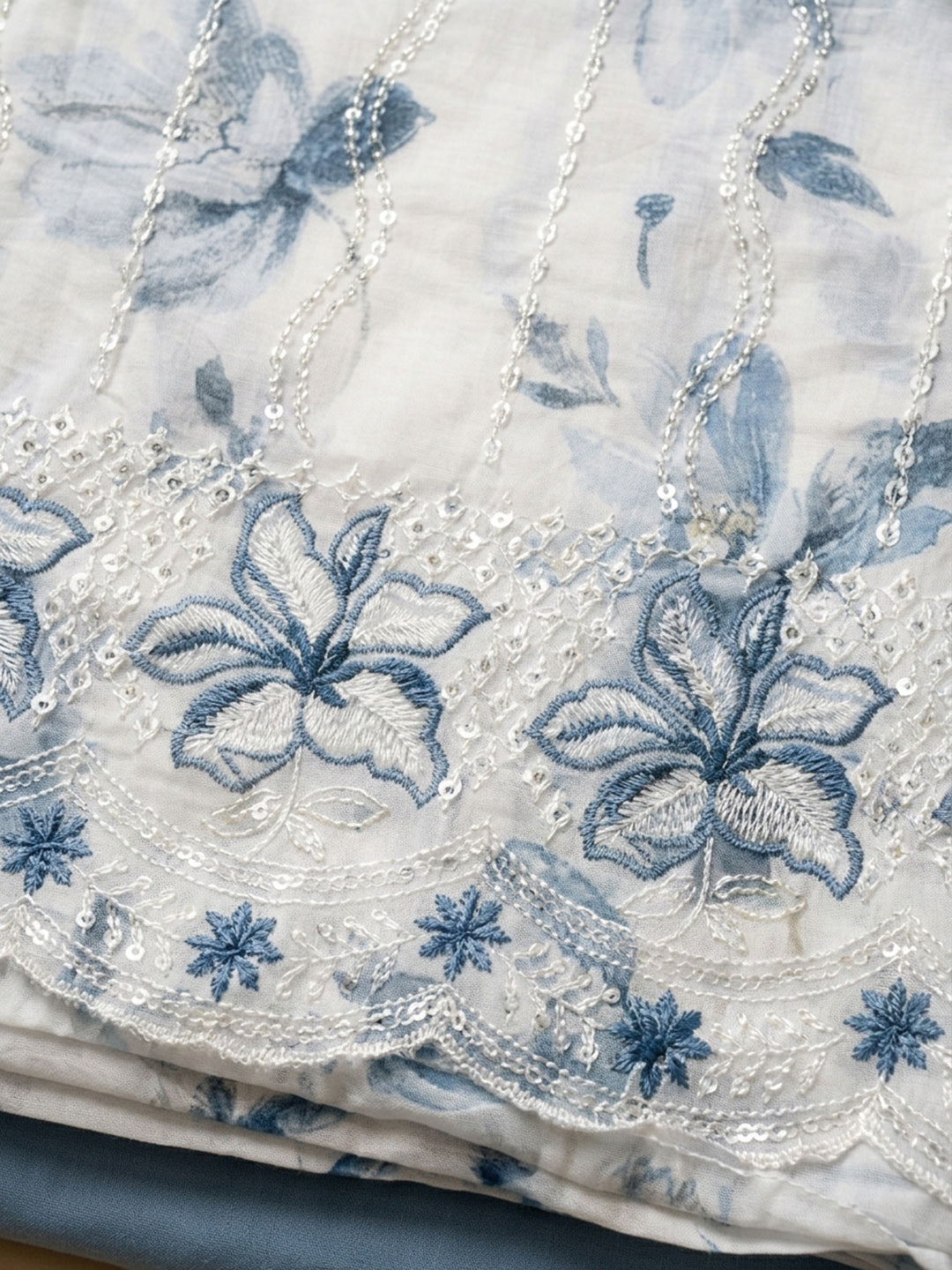 Blue Printed Cotton Blend Unstitched Suit &amp; Pant With Cotton Dupatta