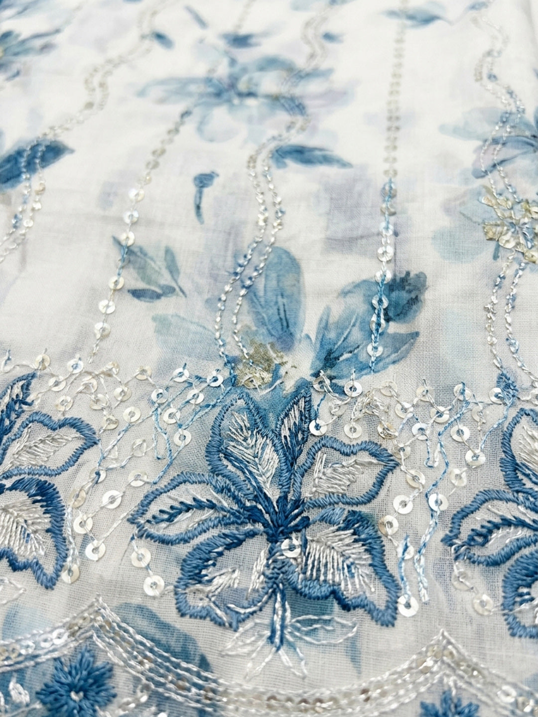 Blue Printed Cotton Blend Unstitched Suit &amp; Pant With Cotton Dupatta