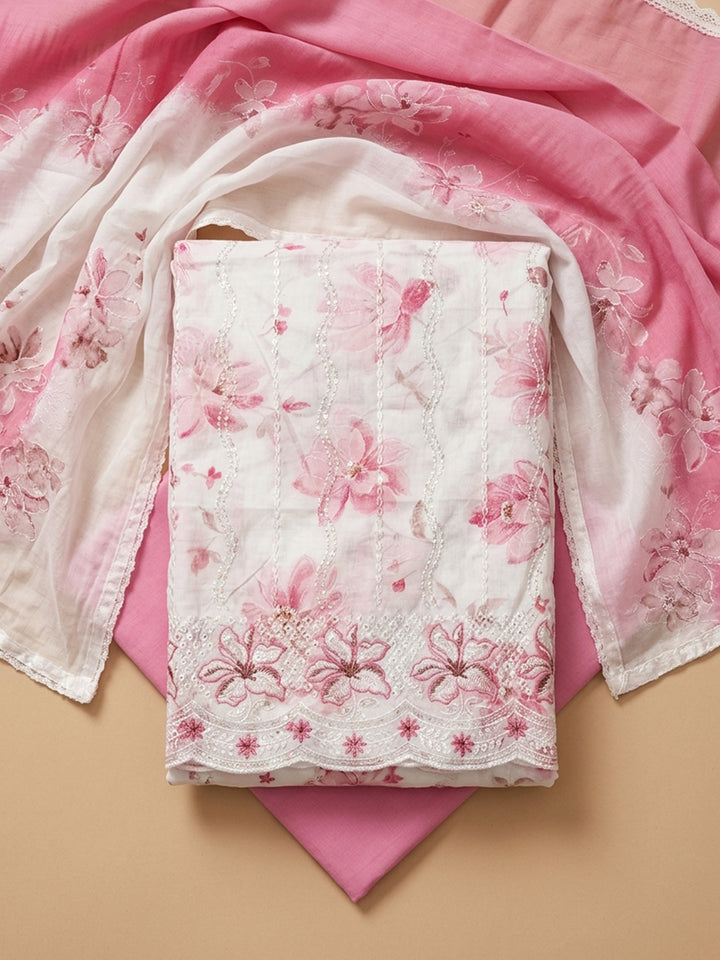 Pink Printed Cotton Blend Unstitched Suit &amp; Pant With Cotton Dupatta