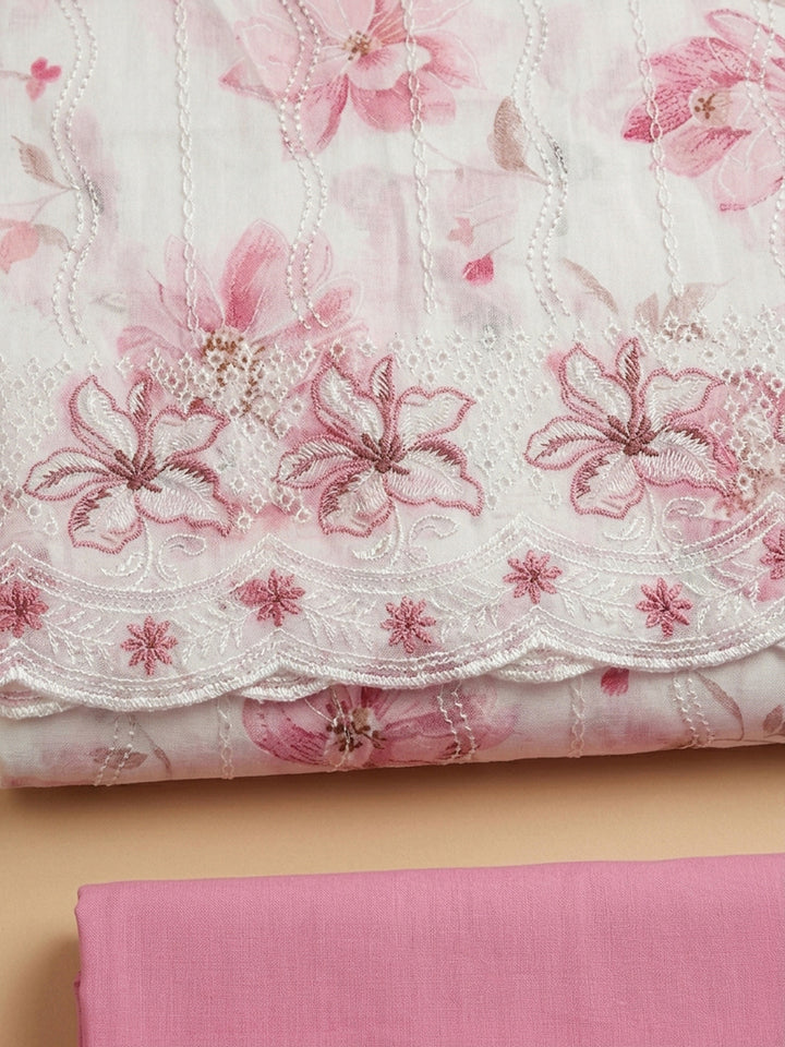 Pink Printed Cotton Blend Unstitched Suit &amp; Pant With Cotton Dupatta
