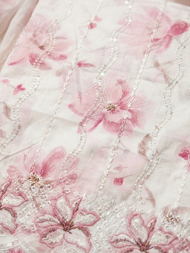 Pink Printed Cotton Blend Unstitched Suit &amp; Pant With Cotton Dupatta