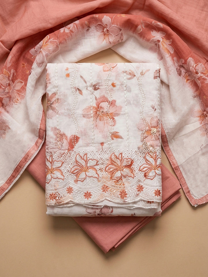 Rust Printed Cotton Blend Unstitched Suit &amp; Pant With Cotton Dupatta