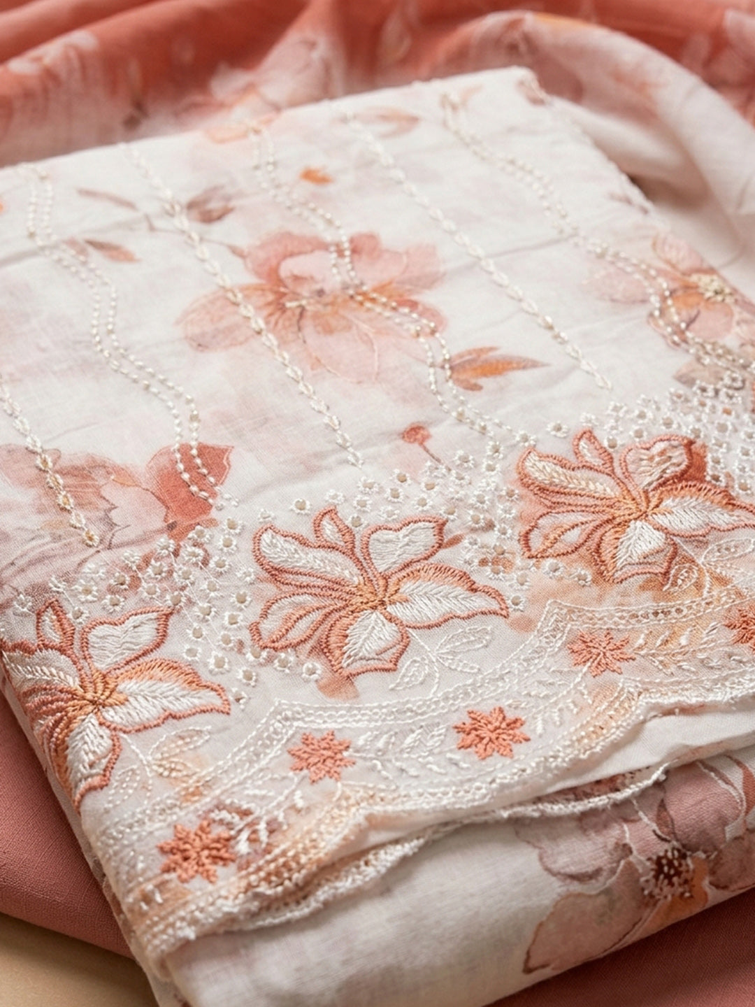 Rust Printed Cotton Blend Unstitched Suit &amp; Pant With Cotton Dupatta