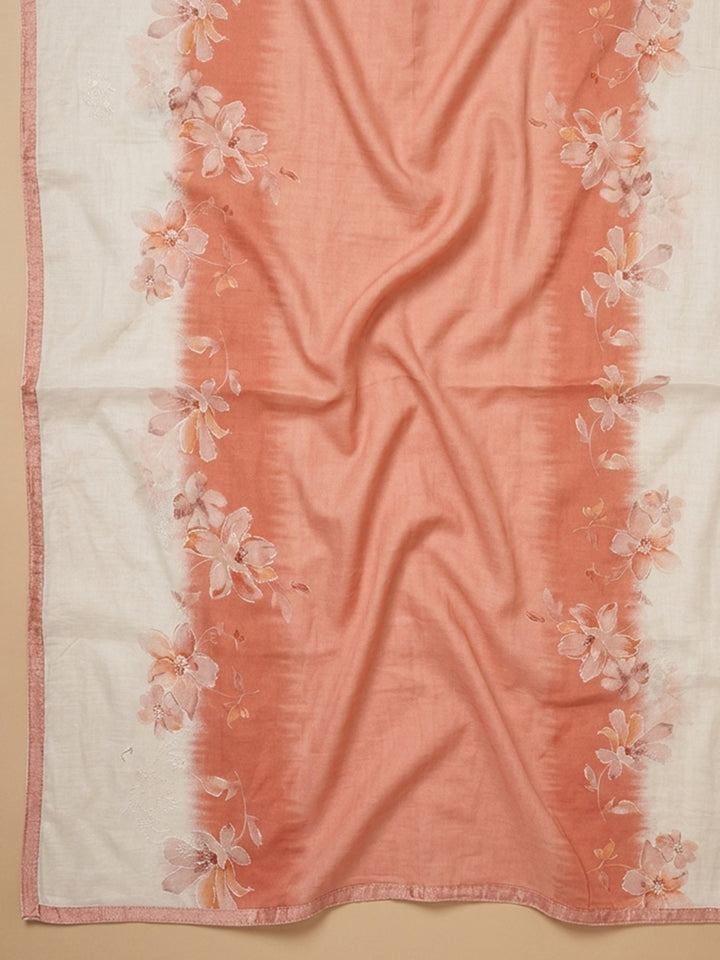 Rust Printed Cotton Blend Unstitched Suit &amp; Pant With Cotton Dupatta