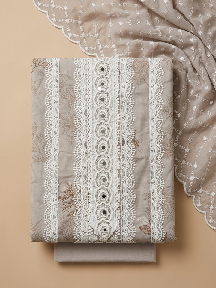 Beige Embroidered Cotton Blend Unstitched Suit &amp; Pant With Cotton Dupatta