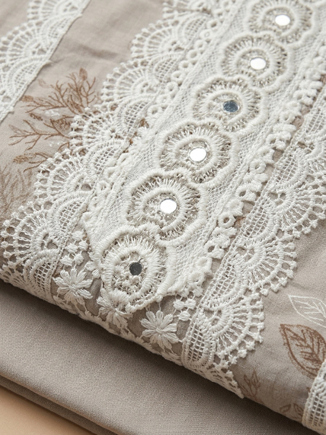 Beige Embroidered Cotton Blend Unstitched Suit &amp; Pant With Cotton Dupatta
