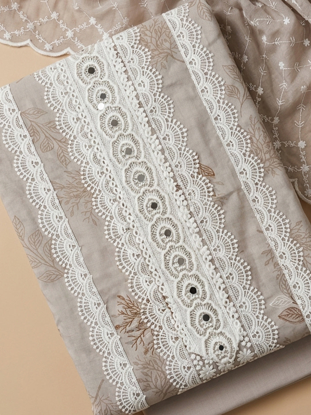 Beige Embroidered Cotton Blend Unstitched Suit &amp; Pant With Cotton Dupatta