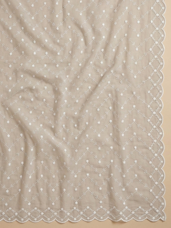 Beige Embroidered Cotton Blend Unstitched Suit &amp; Pant With Cotton Dupatta