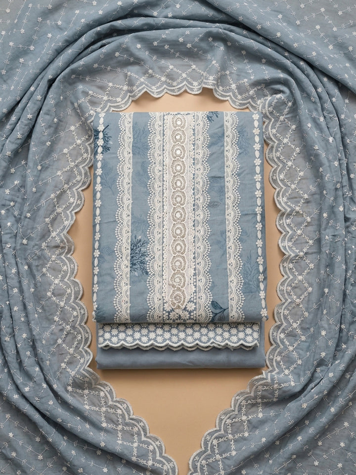 Grey Embroidered Cotton Blend Unstitched Suit &amp; Pant With Cotton Dupatta