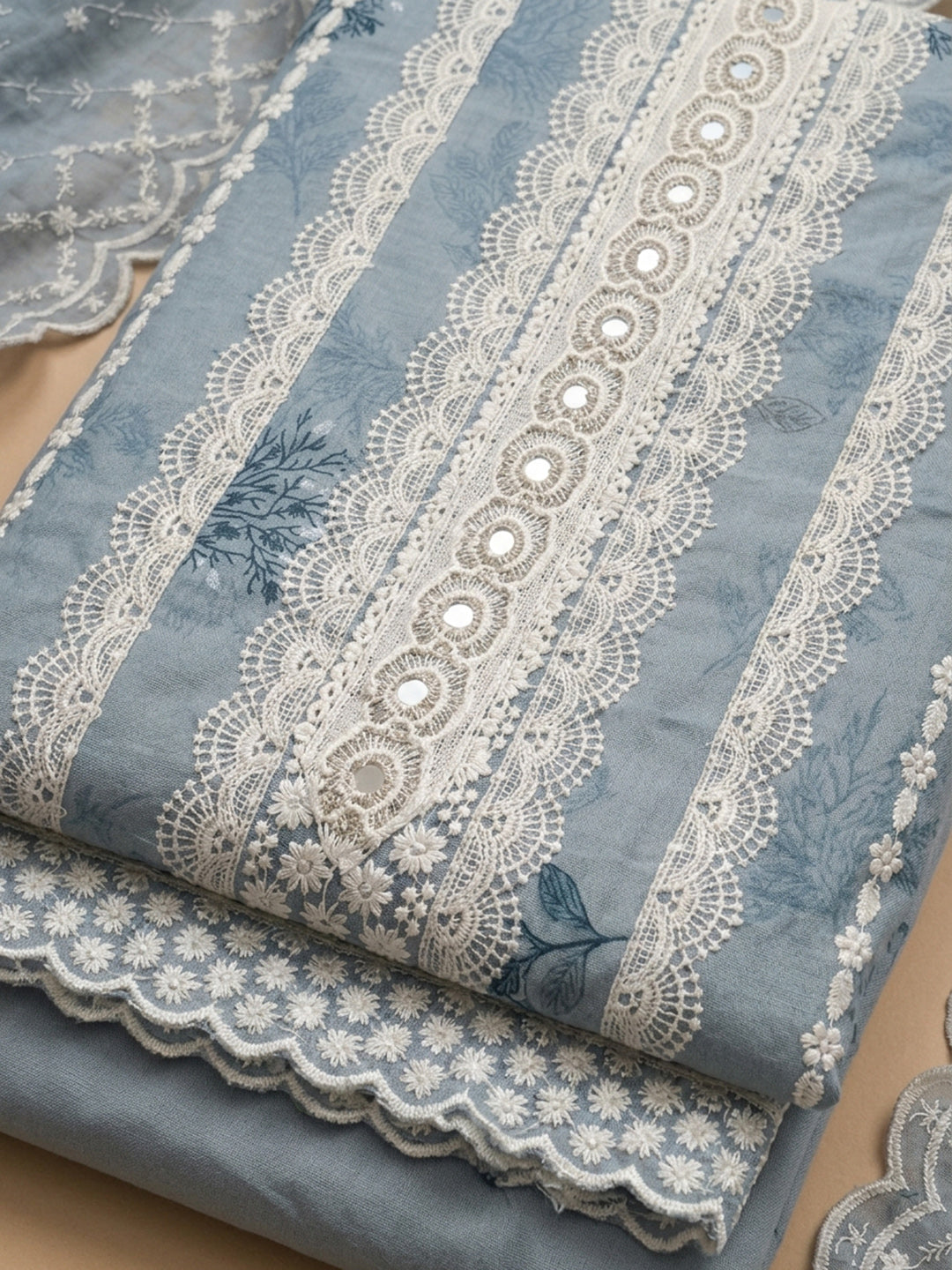Grey Embroidered Cotton Blend Unstitched Suit &amp; Pant With Cotton Dupatta