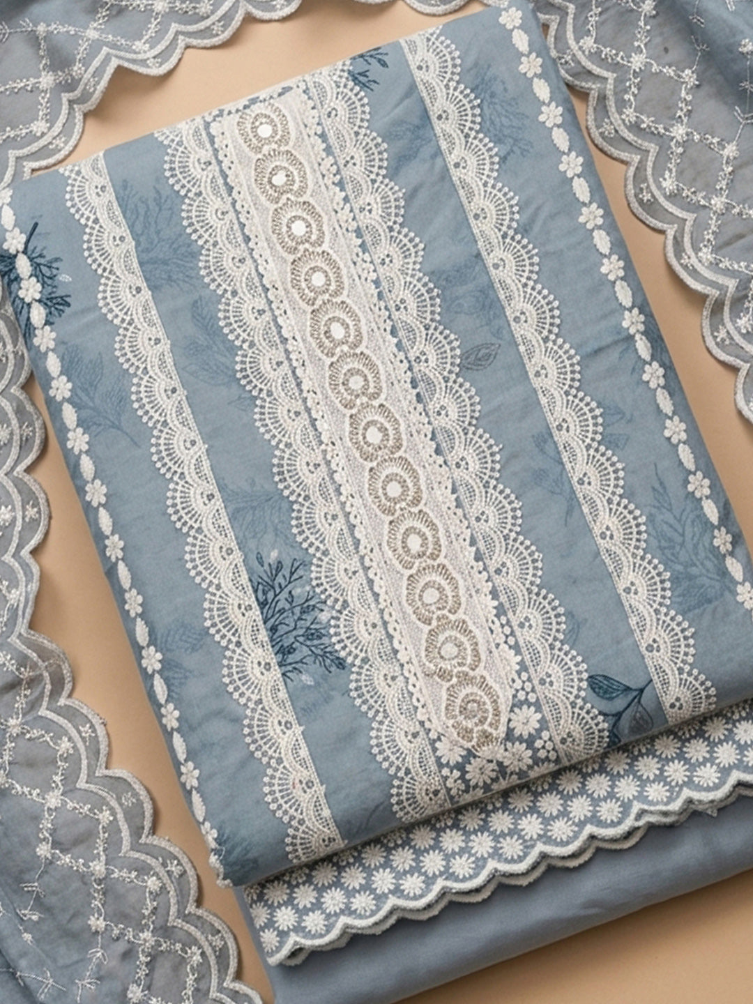 Grey Embroidered Cotton Blend Unstitched Suit &amp; Pant With Cotton Dupatta
