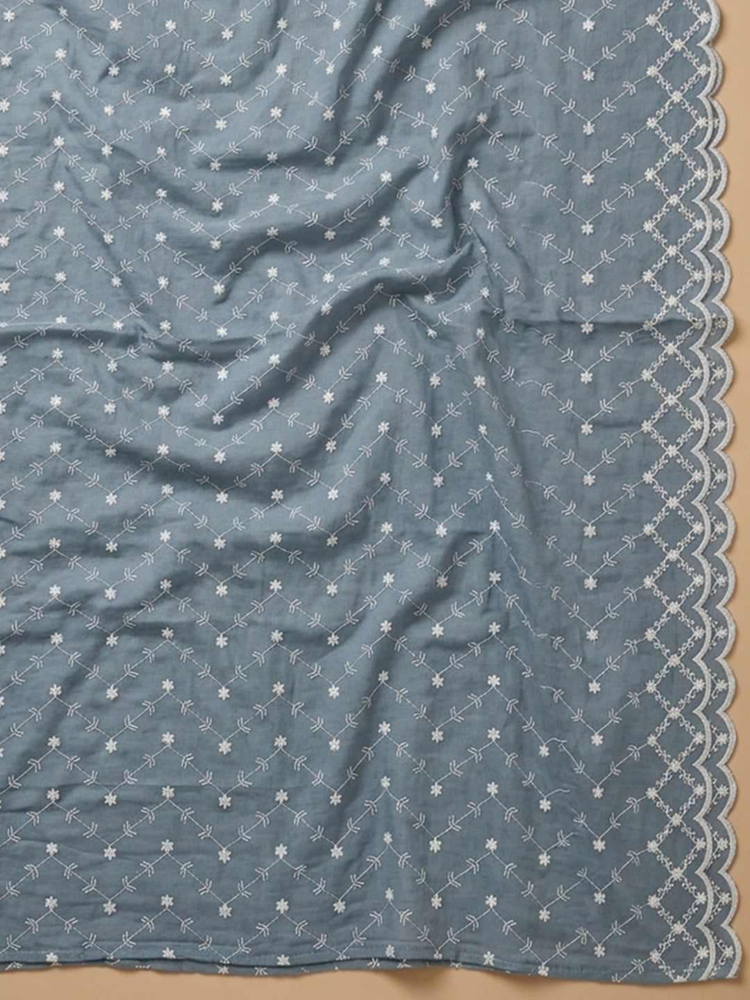 Grey Embroidered Cotton Blend Unstitched Suit &amp; Pant With Cotton Dupatta
