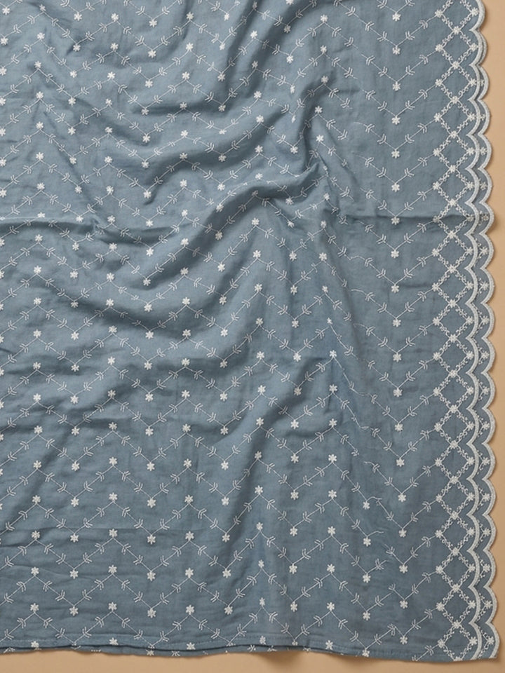 Grey Embroidered Cotton Blend Unstitched Suit &amp; Pant With Cotton Dupatta