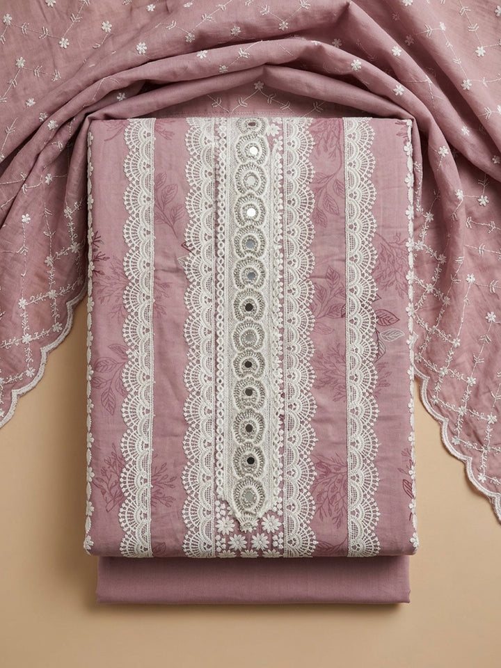 Onion Pink Embroidered Cotton Blend Unstitched Suit &amp; Pant With Cotton Dupatta