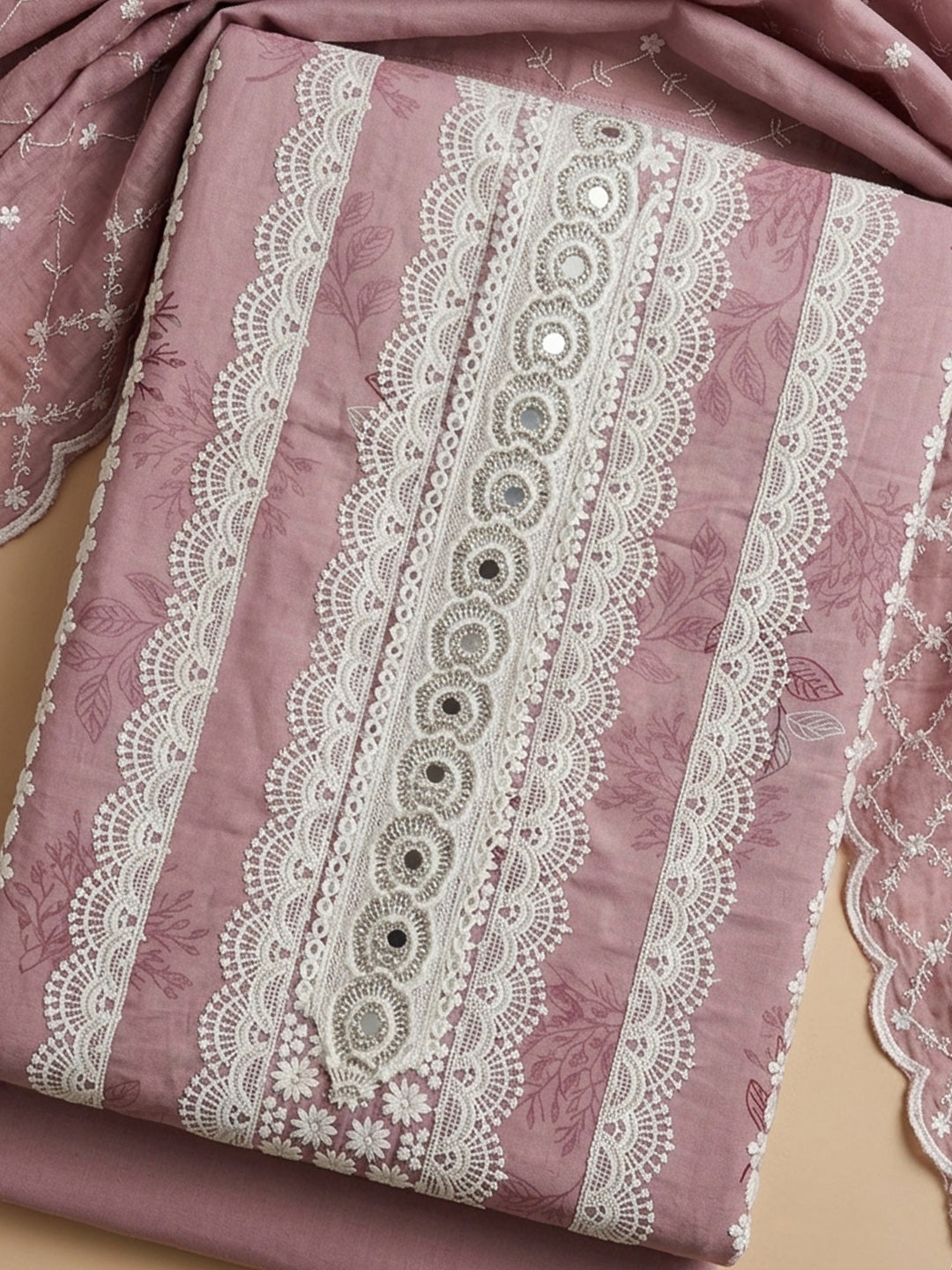 Onion Pink Embroidered Cotton Blend Unstitched Suit &amp; Pant With Cotton Dupatta