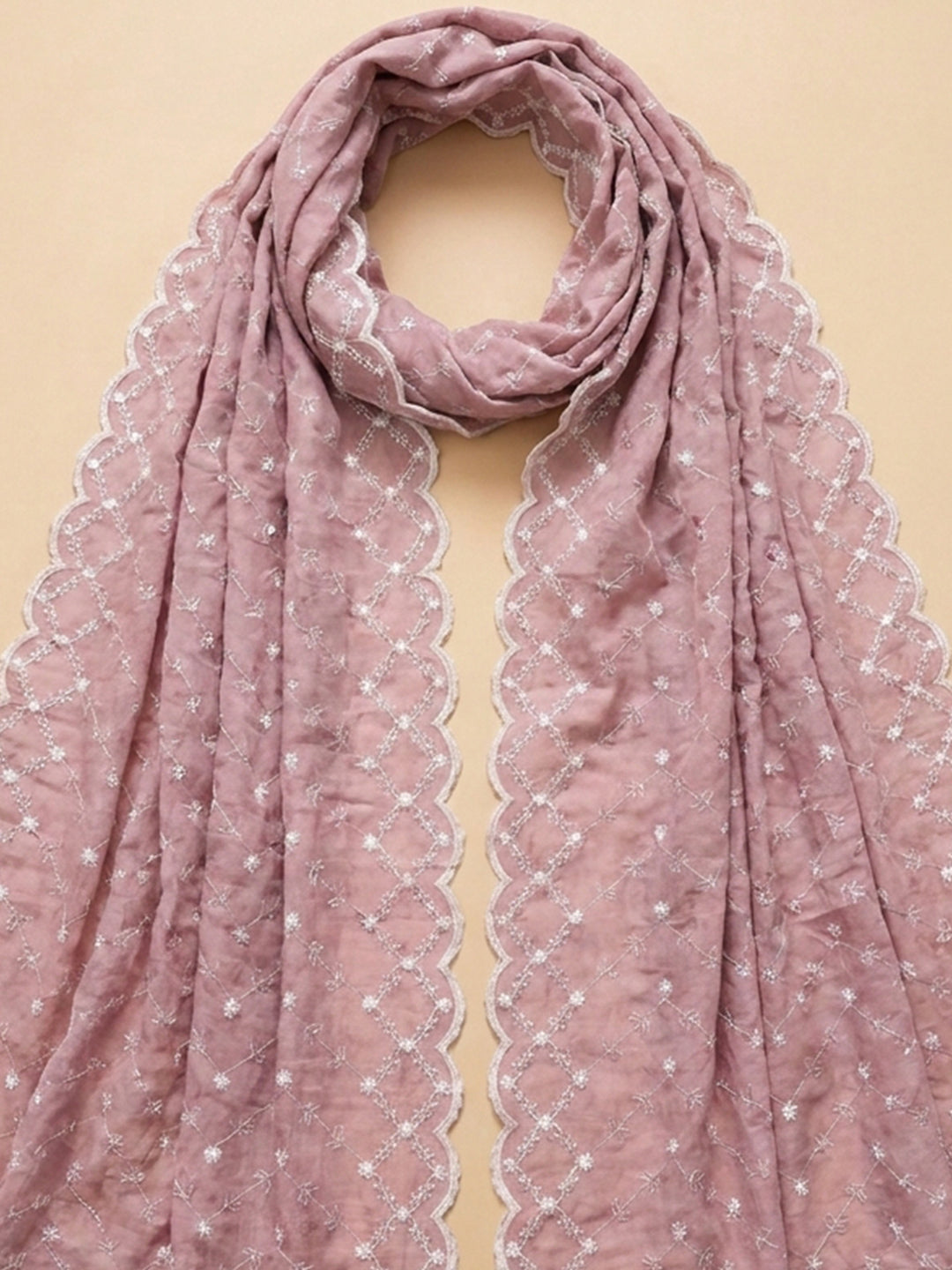 Onion Pink Embroidered Cotton Blend Unstitched Suit &amp; Pant With Cotton Dupatta