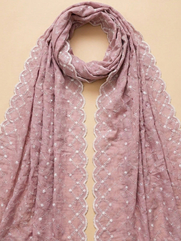 Onion Pink Embroidered Cotton Blend Unstitched Suit &amp; Pant With Cotton Dupatta