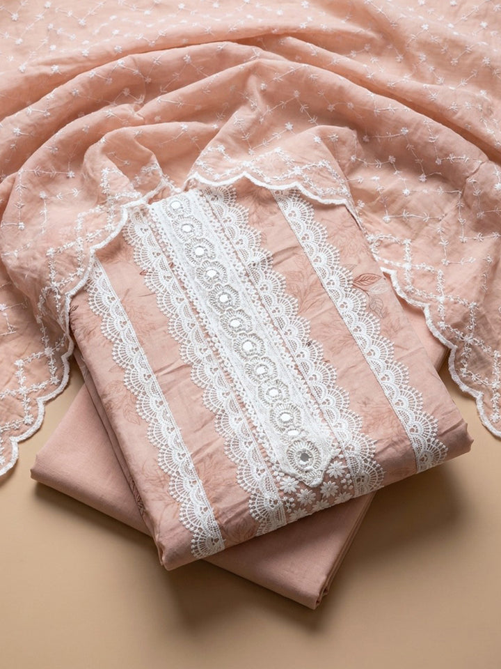 Peach Embroidered Cotton Blend Unstitched Suit &amp; Pant With Cotton Dupatta