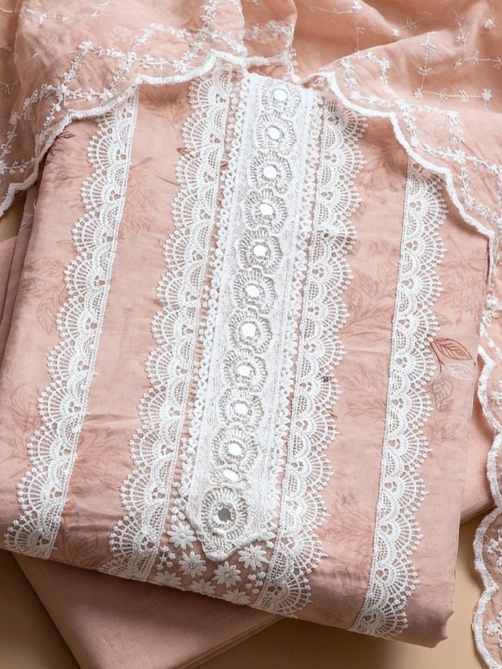 Peach Embroidered Cotton Blend Unstitched Suit &amp; Pant With Cotton Dupatta