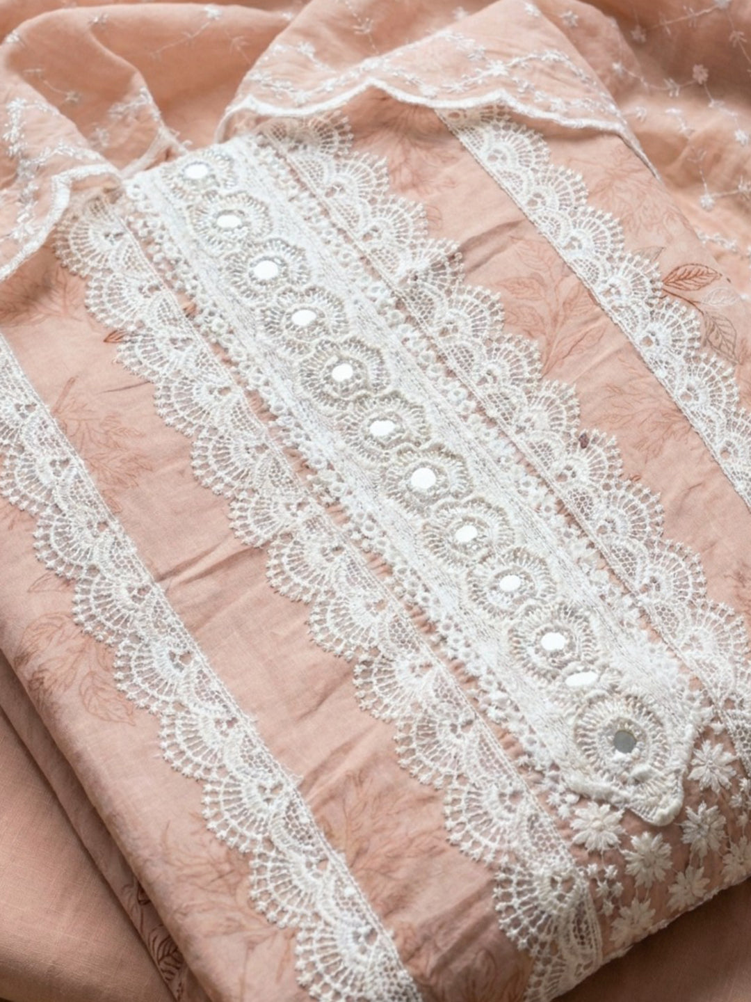 Peach Embroidered Cotton Blend Unstitched Suit &amp; Pant With Cotton Dupatta