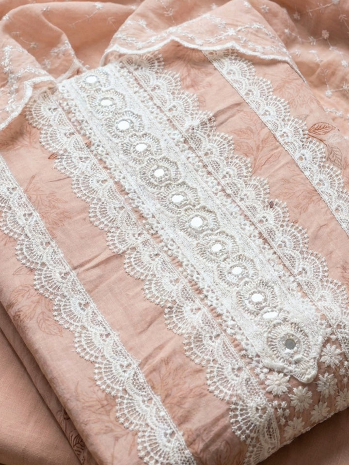 Peach Embroidered Cotton Blend Unstitched Suit &amp; Pant With Cotton Dupatta