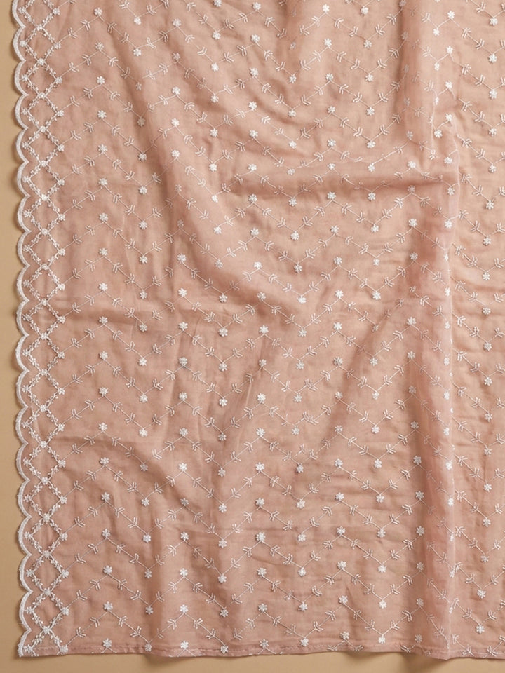Peach Embroidered Cotton Blend Unstitched Suit &amp; Pant With Cotton Dupatta