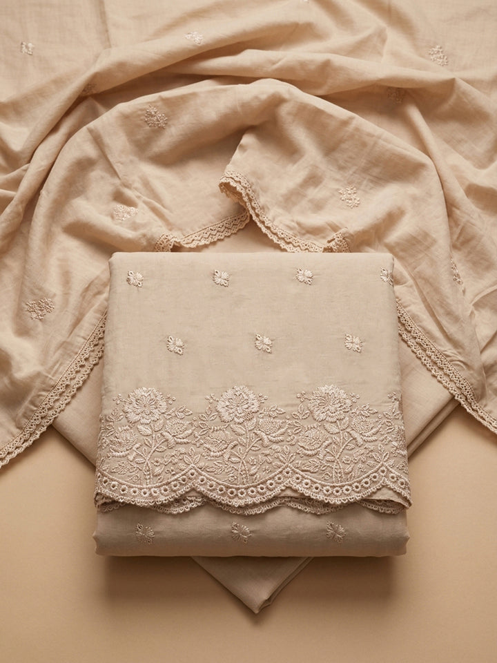 Beige Embroidered Cotton Blend Unstitched Suit &amp; Pant With Cotton Dupatta