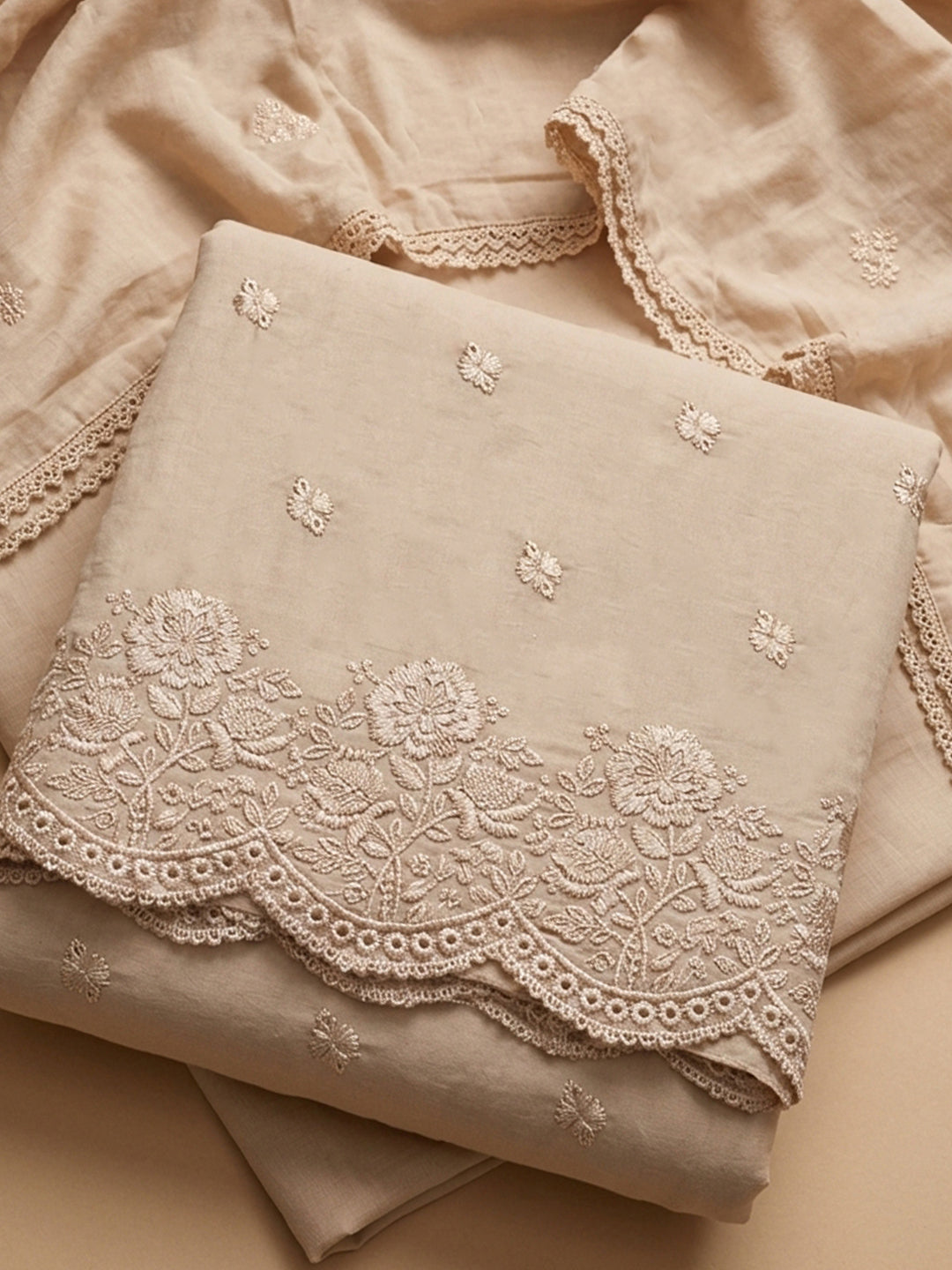 Beige Embroidered Cotton Blend Unstitched Suit &amp; Pant With Cotton Dupatta